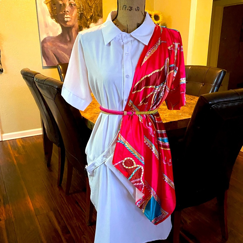 Classic Fashion Medium Short White dress with built-in scarf.